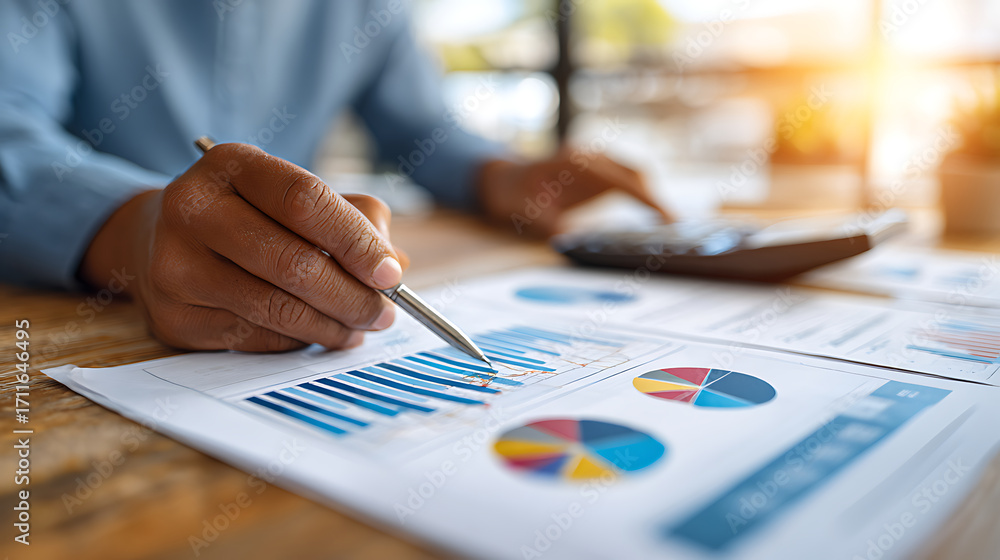 Poster business professional analyzing financial data with charts and graphs in an office setting during da