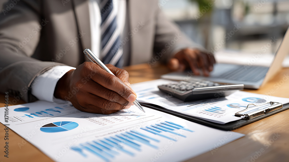Poster business professional analyzing financial reports and using calculator in modern office setting duri