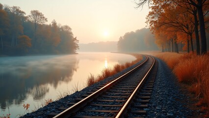 Fototapeta premium Curved Railway by River at Autumn Dawn