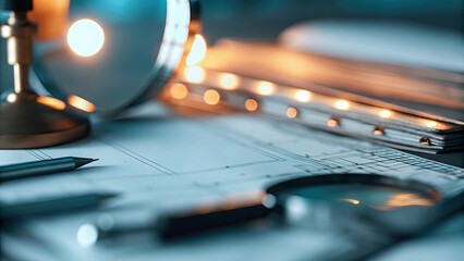 Business audit with efficiency evaluation concept. Close-up of architectural plans and tools in a creative workspace.