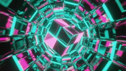 3d object or structure rotates and moves inside glass mirror tunnel with neon light, bright reflections. Cube. Fantastic abstract bg. Vj for show. Sci fi bg fly through hi tech tunnel