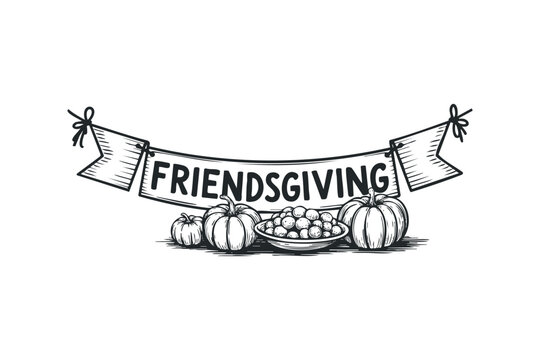 Friendsgiving text on banner with pumpkins and bowl. Vector hand drawn illustration