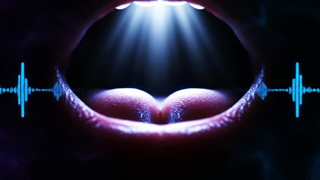 Close-up of a human mouth with blue light rays and digital sound waves symbolizing voice technology AI communication and futuristic speech recognition