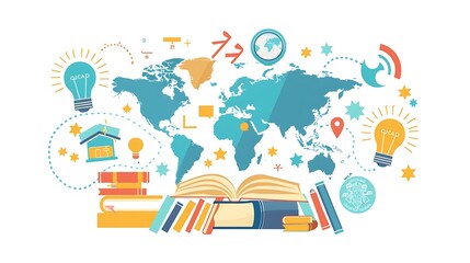 Fototapeta premium Colorful world map illustration with books, light bulbs, and various educational symbols, creating a vibrant and engaging design.