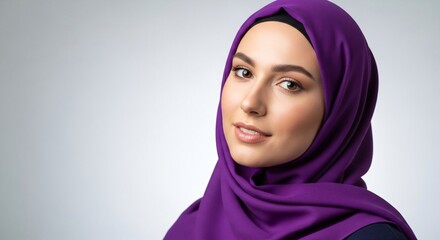 Woman with a purple hijab looking directly at the camera with a confident expression. Muslim fashion, cultural identity, and empowerment concept.