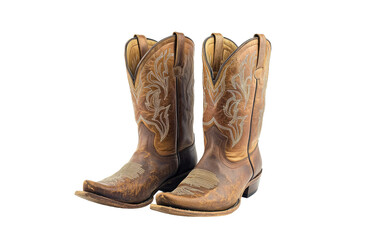 Pair of distressed brown leather cowboy boots isolated on transparent background