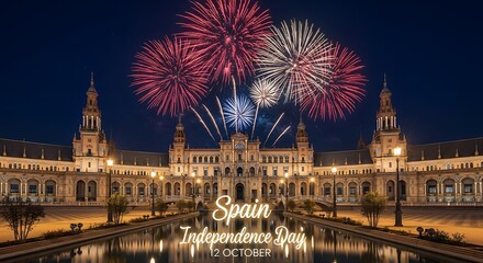 Obraz premium Spain Independence Day Celebration: Fireworks over Plaza de Espa?a at Night