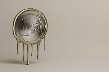 One-euro coin melting on a seamless neutral backdrop with wide copy space. A metaphor for crisis, inflation, and loss of value in Europe and economic policy