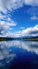 Tranquil Lake Scene Under Cloudy Blue Sky