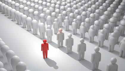 Fototapeta premium A red and a light beige figure stand out amongst a crowd of identical light gray figures