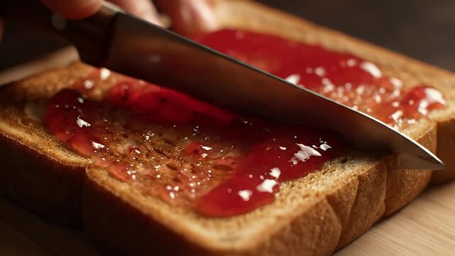 A delicious morning ritual begins as a hand carefully spreads vibrant strawberry jam onto a perfectly toasted slice of bread, creating a sweet and satisfying breakfast