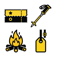 Adventure gear icons camping trekking ticket fire and hiking pole set for outdoor activities