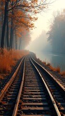 Fototapeta premium Curved Railway by River at Autumn Dawn