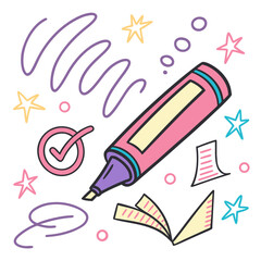 A vibrant and playful illustration featuring a pink highlighter pen surrounded by colorful doodles stars checkmarks and abstract shapes