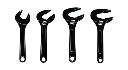 Collection of four adjustable wrenches in a row mechanical tools for repair and construction vector