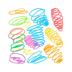 Collection of colorful hand drawn scribbles and abstract tornado shapes on a black background