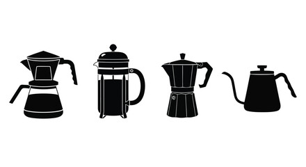 Collection of silhouette coffee makers moka pot french press pour over kettle kitchenware vector