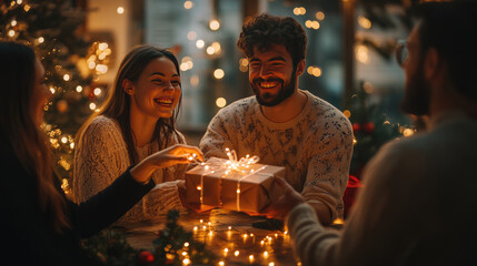group of office workers laughing and toasting at corporate holiday party elegant clothing warm lighting festive celebration cheerful workplace seasonal joy stock photo
