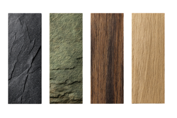 Four vertical panels showcasing stone and wood textures