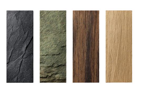 Four vertical panels showcasing stone and wood textures