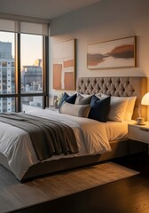 Modern bedroom interior with large windows and city view.