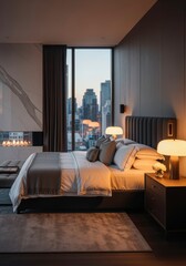 Modern bedroom interior with city skyline view at sunset.