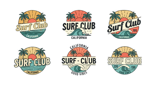 Vibrant surf club logos capture California beach lifestyle with retro vibes and ocean waves