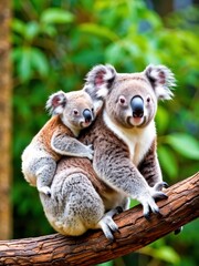 Koala mother and baby climbing tree australian forest wildlife photography natural habitat close-up view animal bonding