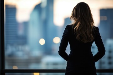 Businesswoman looking at city skyline modern office view professional career