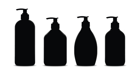 Collection of four silhouetted pump bottles for soap lotion or sanitizer product packaging vector