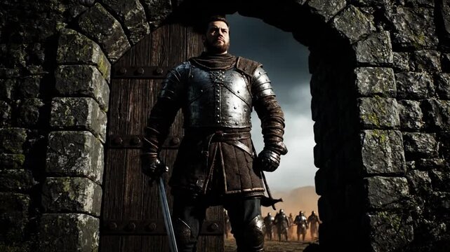 Powerful Medieval Knight in Full Armor with Sword at Castle Gate Leading His Army to Epic Battle Under Dramatic Sky