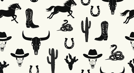 Wild West silhouette pattern featuring horses, boots, cowboy hats, skulls, and cacti