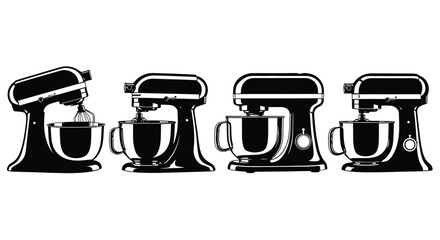 Four black silhouette stand mixers lined up side by side kitchen appliance collection vector