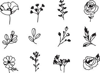Floral vector art: black and white flower and leaf illustrations eps silhouette