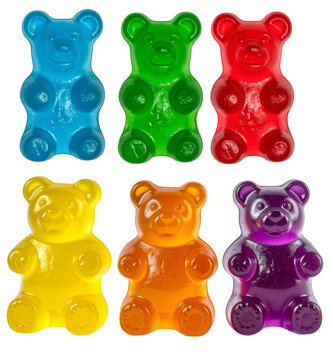 Caramelos de goma de osos de colores sobre fondo transparente.

