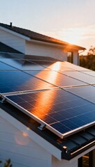 Close-up of solar panels installed on the roof of a modern home during sunset.