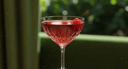 Elegant cocktail glass with rich red drink and cherry against vintage drapery