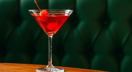 Elegant cherry cocktail in martini glass against a vintage green background