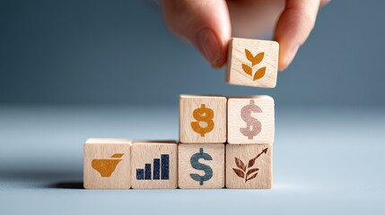 A hand places a wooden cube with a plant sprout symbol on a rising stack of financial agricultural and growth themed blocks