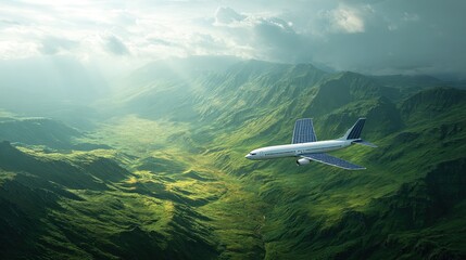 White passenger airplane with solar panels on wings and tail flies over green mountains Sunlight breaks through cloudy sky