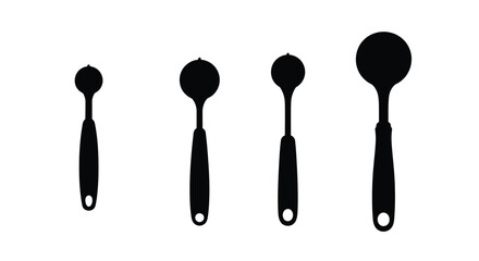 Four black silhouettes of measuring spoons in graduated sizes on a white surface vector