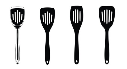 Four slotted spatulas in a row kitchen utensils for cooking and grilling preparation vector
