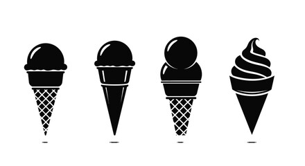 Four black ice cream cones with textured detail isolated on set vector