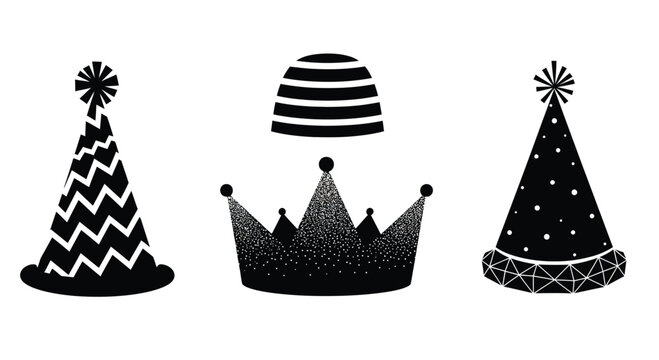 Collection of festive party hats and crown silhouettes for celebrations and fun occasions vector