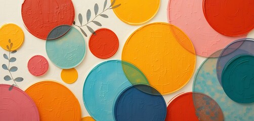 Abstract overlapping colorful circular shapes with botanical accents creating a vibrant layered