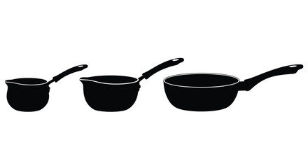 Three black saucepan pots with handles isolated on a white surface kitchenware cooking utensils vector