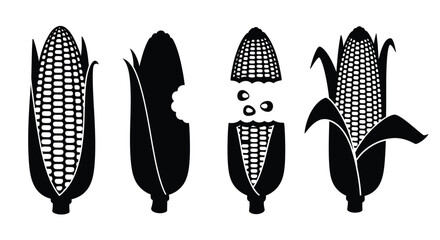 Four stylized corn cobs showing stages of preparation and consumption in black silhouette vector