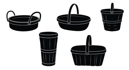Obraz premium Collection of rustic woven baskets and containers silhouette for storage and decoration vector