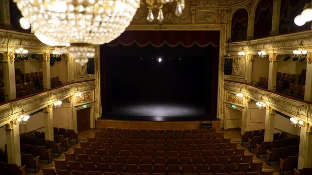Grand theatre interior elegant chandeliers illuminate audience seats