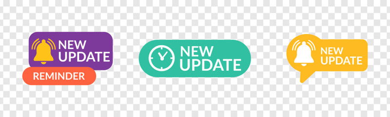 New update notification, Set of new update, New update with bell, Reminder and alert labels